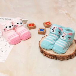 Yellow Bee Pack Of 2 Animal Face & Striped Design Detailed Anti Skid Socks - Aqua Blue & Pink-image-71