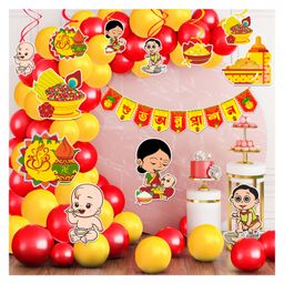 Zyozi Rice Ceremony Decorations Items Annaprasanam Swirls Hanging with Banner Balloons & Cardstock Cutout Red & Yellow Pack of 65-image-57