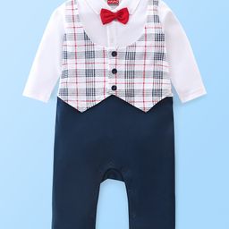 Babyhug 100% Cotton Knit Full Sleeves Checkered Party Romper Romper with Bow Tie - Navy Blue & White-image-28