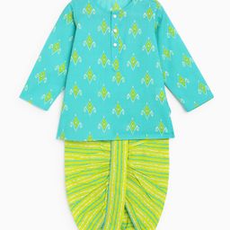 Campana 100% Cotton Full Sleeves  Ethnic Motif Printed Kurta & Striped Dhoti - Turquoise Blue & Lime Green-image-32