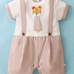 Wonderchild Half Sleeves Tiger Patch Detailed & Striped Romper - Dusky White & Fawn-image-12