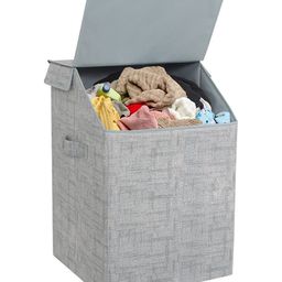 PrettyKrafts Laundry Square Shape Basket Bag,Foldable,Multipurpose,Carry Handles,Slanting Lid for Home, Cloth Storage,Single Jute Grey-1