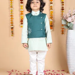 Polka Tots Cotton Full Sleeves Solid Kurta Pyjama With Floral  Embroidered Jacket - Green-picture-35