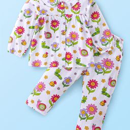 Babyhug Cotton Knit Full Sleeves Front Open Night Suit with Peter Pan Collar & Floral Print - White-image-59