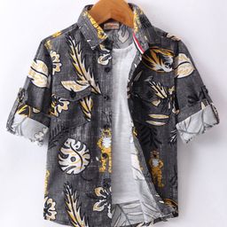 Rikidoos Full Sleeves Leaves  Printed Shirt With Attached Tee - Grey & Melange-picture-6