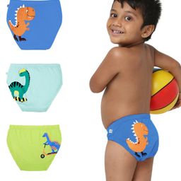 Plan B Cotton Pack Of 3 Baby Dinosaur Printed Briefs - Orange Beige & Lime-picture-12