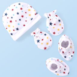 Babyhug 100% Cotton Interlock Knit Cap Mitten & Booties with Star   Print -White-18