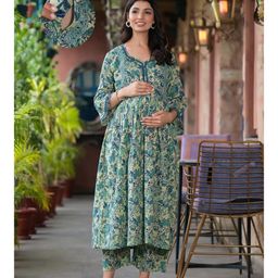 Aujjessa Cotton Three Fourth Sleeves Floral Printed & Lace Embellished Maternity Kurta Set With Concealed Zipper Nursing Access  Teal Green-picture-27