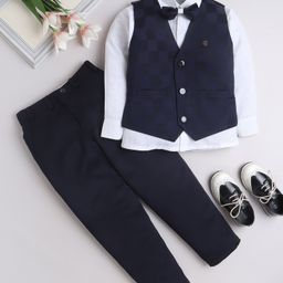 Fourfolds Cotton Blend Full Sleeves Solid Shirt Trouser With Cheked Waistcoat & Bow Set - Navy Blue-image-79