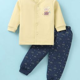 Simply Fleece Knit Full Sleeves Star & Bunny Printed Winter Wear Night Suit - Yellow & Navy Blue-image-17