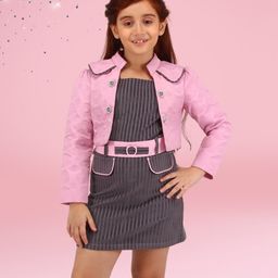 Cutecumber Corduroy Striped Dress With Full Sleeves Floral Embroidered Jacket & Belt - Pink-image-85