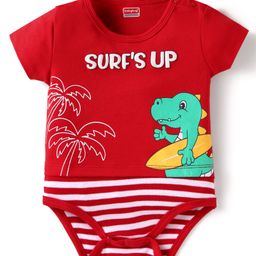 Babyhug 100% Cotton Knit Half Sleeves Dino Printed Onesie - Red-image-65