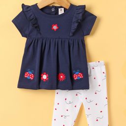 ToffyHouse Woven Half Sleeves Top & Legging Set With Floral Embroidery & Heart Print - Navy Blue & White-image-39