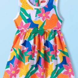 Babyhug Cotton Knit Sleeveless Frock with Floral Print & Bow Applique - White-image-78