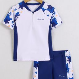 Pine Kids Half Raglan Sleeves Two Piece Swimsuit & Cap with Star Fish Print - Blue & White-image-89