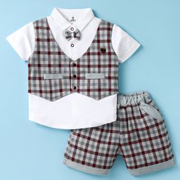 Mini Taurus Cotton Knit Half Sleeves Attached Waistcoat T-Shirt & Shorts Set with Checks & Bow Applique - Grey-image-57