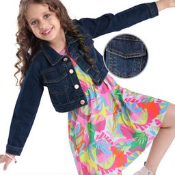 Hola Bonita Woven Leaf Printed Frock & Full Sleeves Denim Jacket - Blue-image-49