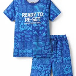 Pine Kids Single Jersey Knit Half Sleeves Co-ords Shorts Night Suit With Tropical Theme Print - Blue-picture-0