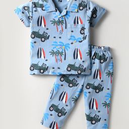 Evimo Single Jersey Knit Half Sleeves Co-Ord Night Suit With Beach Theme Print - Light Blue-image-89