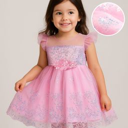 Babyhug Woven Frill Sleeves Mesh Party Dress with Sequinned Yoke & Corsage - Pink-picture-27