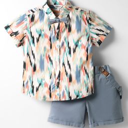 ToffyHouse Cotton Woven Half Sleeves Printed Shirt & Bottom Set With Suspender & Bow - Multicolour-picture-3