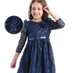 Hola Bonita Knit Three Fourth Sleeves Lace Dress with Belt & Floral Applique - Navy Blue-picture-4