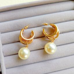 DressBerry Stainless Steel Gold-Plated Pearls Beaded Contemporary Hoop Earrings-11