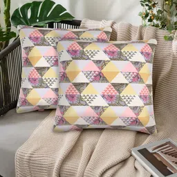 Tesmare Off White & Multicoloured Set of 2 Geometric Velvet Square Cushion Covers-9