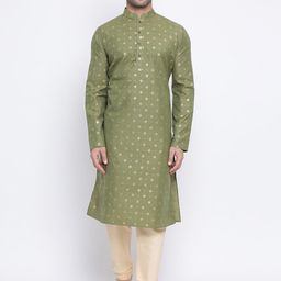 NAMASKAR Men Green & Gold Printed Dupion Silk Kurta with Pyjamas image 1