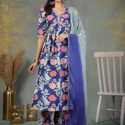 Stylum Women Floral Printed Empire Mirror Work Kurta with Palazzos & With Dupatta-54