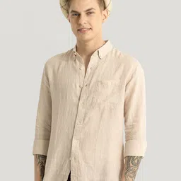 Snitch Men Smart Button-Down Collar Solid Linen Slim Fit Casual Shirt-picture-42