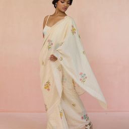 STAVA CREATION Nadiypar Floral Printed Pure Linen Saree-49