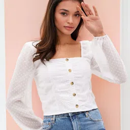 White Square Neck Crop Top with Long Sleeves-image-11