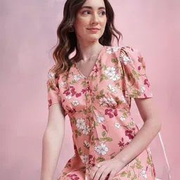 DressBerry Floral Print Puff Sleeves A-Line Midi Dress with Mock Buttons-image-13