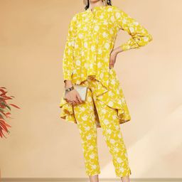 CUSTARD Floral Printed Mandarin Collar Puffed Sleeves Pure Cotton High Low Top & Trousers-picture-20