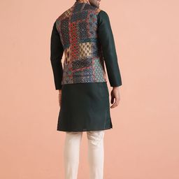 KISAH Mandarin Collar Straight Kurta With Churidar & Printed Nehru jacket-image-19