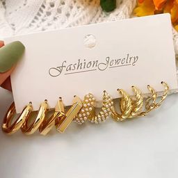 PolluxCraft Set of 5 Gold Plated Pearls Hoop Earrings-image-91