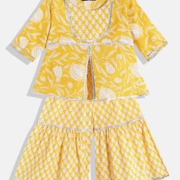READIPRINT Three Fourth Sleeves Floral Printed Front Slit A Line Kurta With Sharara - Yellow-picture-14
