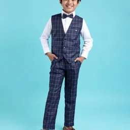 Robo Fry Cotton Full Sleeves Checked Party Suit With Waistcoat & Bow- Blue-picture-24