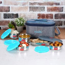 HAZEL Lunch Box for Office Men & Women with Lunch Bag Tiffin Air Tight Steel Box Lunch Box Bag - Set of 5-image-1