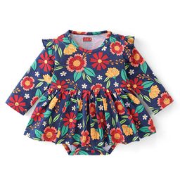 Babyhug 100% Cotton Knit Full Sleeves Floral Printed Frock Style Onesie  - Multicolour-image-37