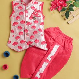 Jeet Ethnics Sleeveless Floral Embroidered Coordinating Kurta & Dhoti Set - Pink-image-14