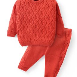Babyhug Knitted Full Sleeves Pullover Sweater Set with Cable Knit Design - Orange-image-30