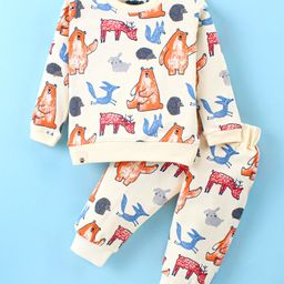 Mini Taurus Looper Knit Full Sleeves Night Suit with Animal Print - Cream-image-70