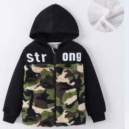 Kookie Kids Full Sleeves Hooded Front Open Sweatjacket with Camouflage Design & Fur Detailing - Black-image-52
