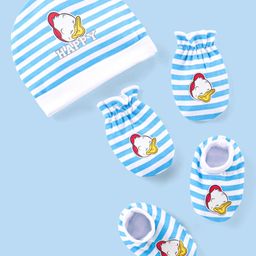Babyhug Disney Interlock Knit Cap Mittens & Booties with Donald Duck Graphics - White & Blue-image-97