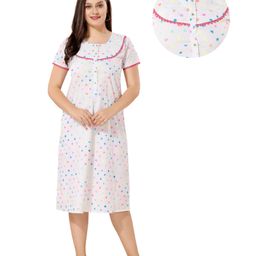 Piu Cotton Half Sleeves Polka Dots Printed Front Open Maternity Nighty - White-picture-8