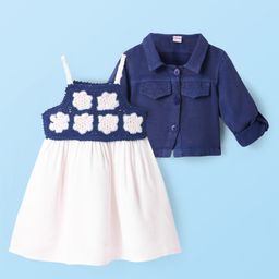 Babyhug Woven Full Sleeves Solid Color Jacket & Frock with Floral Crochet - Navy Blue & White-picture-11