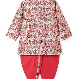 Babyhug Cambric Full Sleeves Kurta Dhoti Set With Floral Print - Beige-image-69
