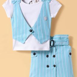 ToffyHouse Cotton Knit Half Sleeves Top & Striped Skirt with Jacket & Bow Applique - Light Blue-image-81